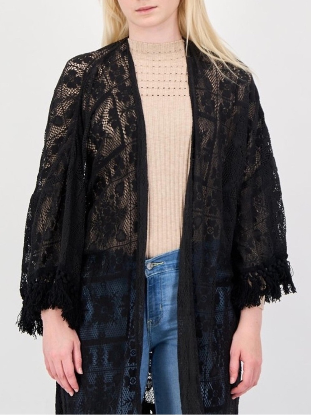 Aerie Swim Crochet Lace Fringe Hem Cover Up Black